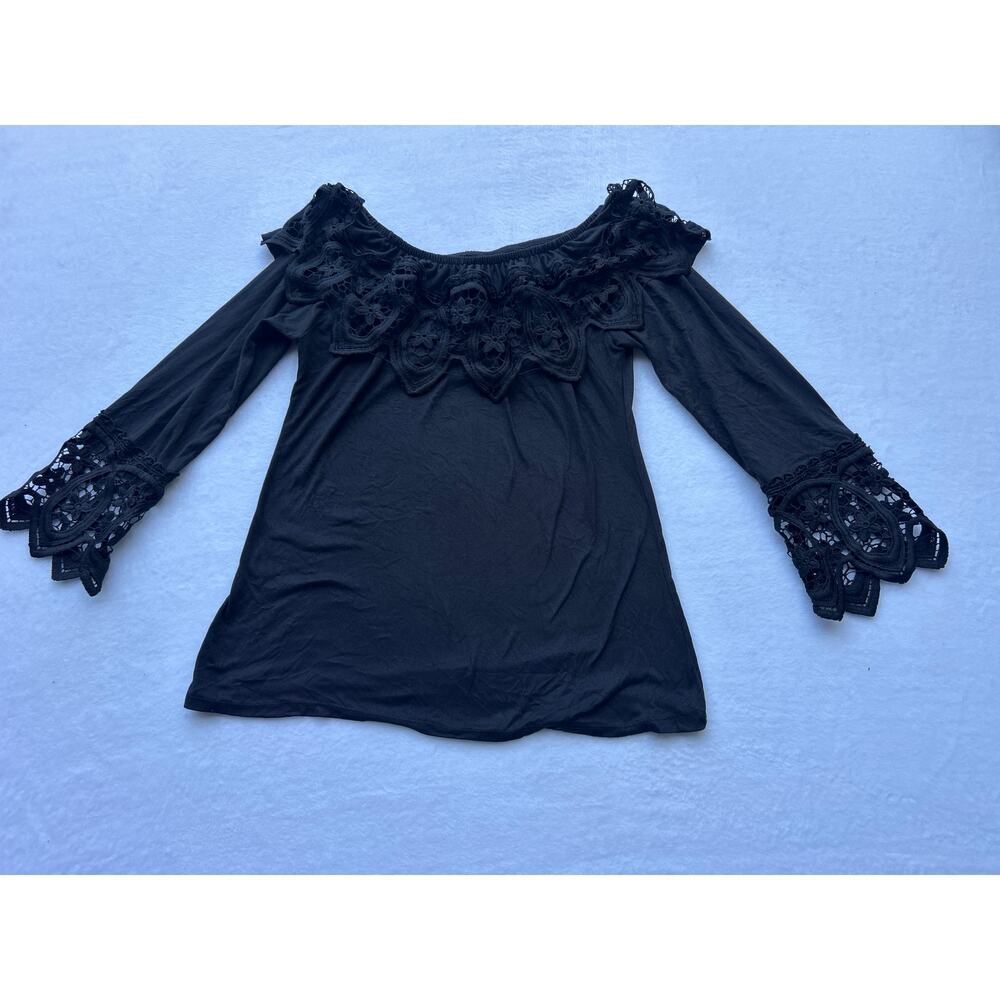 Nancy Women Top Black Floral Crochet Off Shoulder Bell Sleeve Boho Blouse Size S